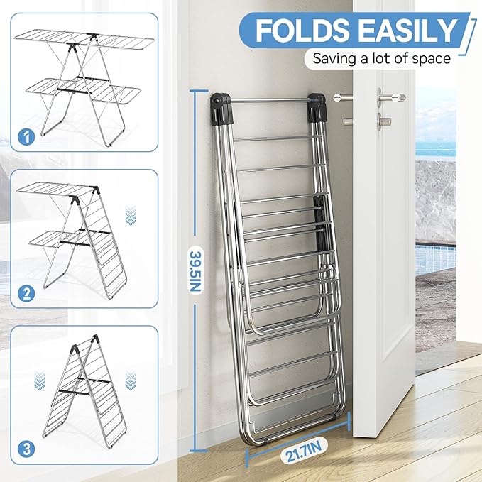 APEXCHASER Clothes Drying Rack with 4 Wings, Stainless Steel Drying Rack Clothing with Height-Adjustable, Foldable Gullwings Laundry Drying Rack, Indoor Outdoor Use, No Assembly, Black-CubbioJoy