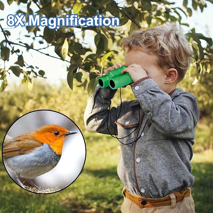 Binoculars for Kids 8x21, Gift for 3-12 Years Boys & Girls, Compact Kids Binoculars High-Resolution Shockproof Mini Binoculars for Bird Watching, Hiking, Camping, Travel Green 301-CubbioJoy