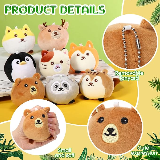 Aoriher 8 Pcs Mini Woodland Animals Plush Toys 3.15 Inch Soft Stuffed Animals Ornaments Bulk Colorful Woodland Keychain for Birthday Baby Shower Party Decors Classroom Prizes(Regular Style)-CubbioJoy