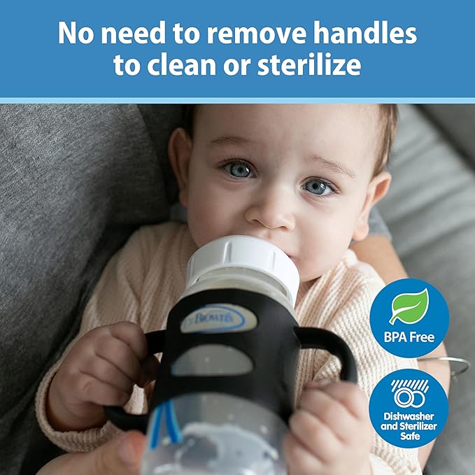 Dr. Brown's Wide-Neck Baby Bottle Handles, 100% Silicone, Easy Grip Removable Handles for Bottle to Sippy Cup Transition, Blue/Gray/Green, 3-Pack, 4m+-CubbioJoy