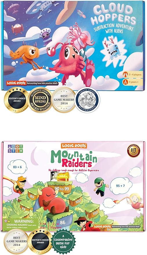 Addition and Subtraction Games - Pack of 2, Cloud Hoppers & Mountain Raiders, Math Board Games and STEM Toys for 7 Year and Up, Gift for Kids (Girls & Boys), Homeschoolers, Grade 1 & Up-CubbioJoy