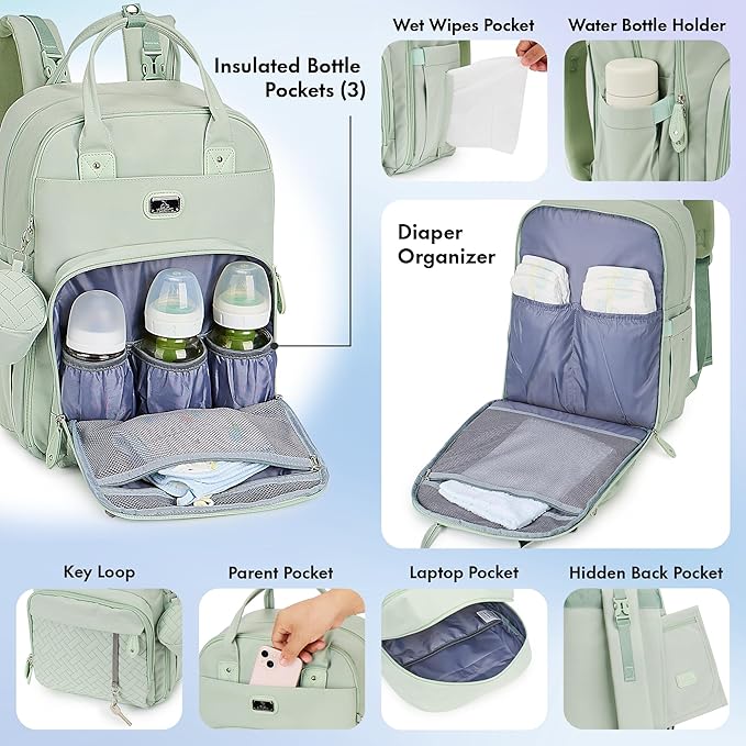 Dikaslon Diaper Bag Backpack with Portable Changing Pad, Pacifier Case and Stroller Straps, Large Unisex Baby Bags for Boys Girls, Multipurpose Travel Back Pack for Moms Dads, Mint Green-CubbioJoy
