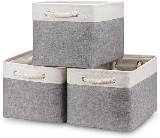 Bidtakay Baskets Set of 3 Storage Baskets for Organizing Large Fabric Storage Bins for Shelves Decorative Canvas Bins Collapsible Empty Baskets for Closet,Nursery,Clothes,Toys,Shoes(White&Grey)-CubbioJoy