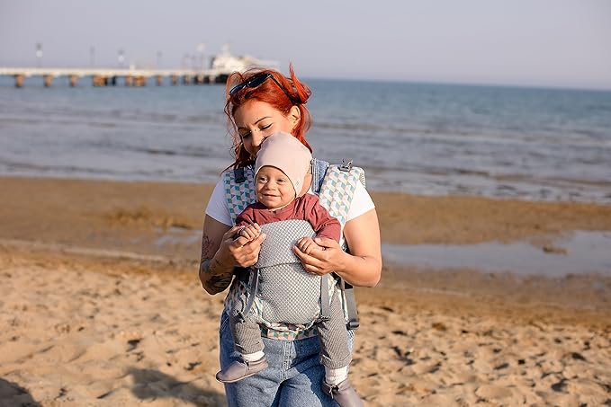 Beco Gemini Baby Carrier from Newborn to Toddler - Certified Ergonomic Newborn Baby Carrier for Infants and Children of 7-35 lbs - M Shape, Adjustable Seat, Breathable 3D Mesh (Cool Grey Geometric)-CubbioJoy