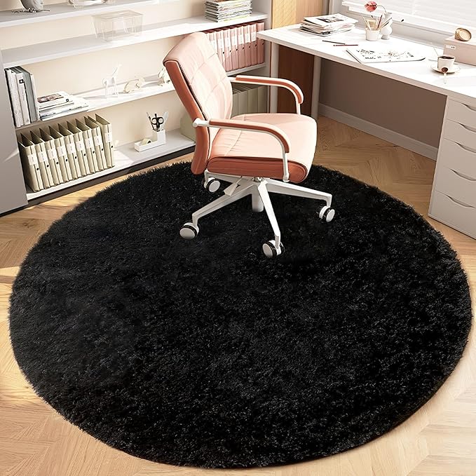 4FT Round Rug for Bedroom: Fluffy Shag Soft Washable Rugs Circle Small Fuzzy Plush Indoor Carpet for Living Room Nursery Playroom Dorm Kids Girls Boys Room (Black, 4'x4')-CubbioJoy