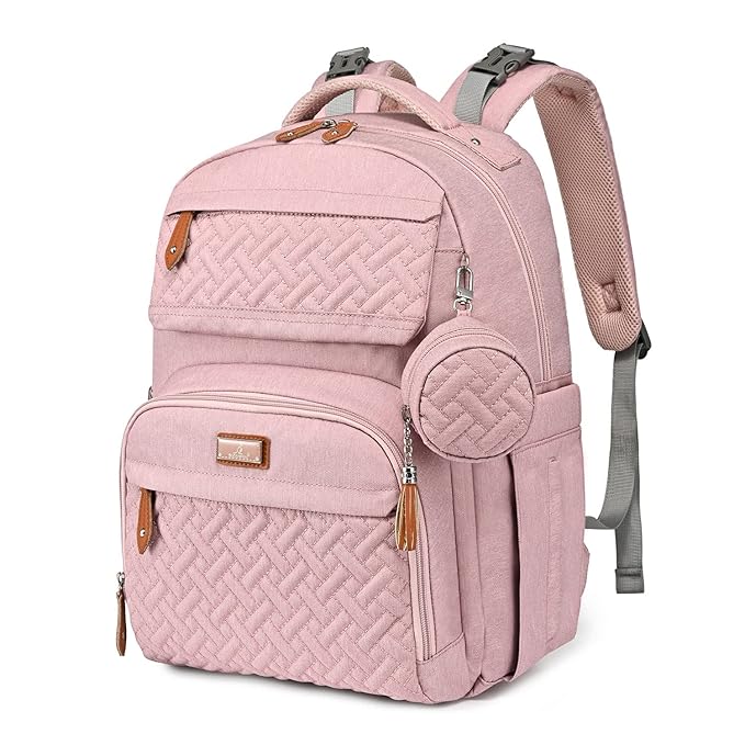 BabbleRoo Diaper Bag Backpack, Travel Backpack with Changing Pad, Pacifier Case & Stroller Straps, Multifunction, Waterproof, Unisex – Pink-CubbioJoy