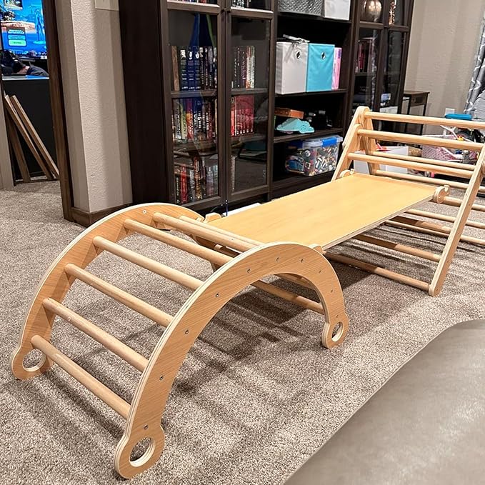 Asweets Pikler Triangle Set, 5 in 1 Foldable Montessori Climbing Set with Ramp, Baby Climbing Toys for Indoor Playground, Jungle Gym for Kids with Arch Climber, Rocker, Suitable for Toddlers-CubbioJoy