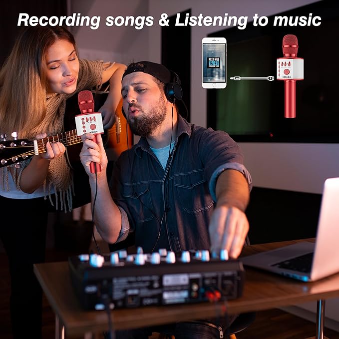 BONAOK Wireless Bluetooth Karaoke Microphone,3-in-1 Portable Handheld Mic Speaker Machine Birthday Home Party for PC or All Smartphone(Q37 Red)-CubbioJoy