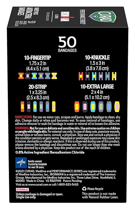 CURAD Performance Series IRONMAN Antibacterial Bandages, Extreme Hold Adhesive Technology, Finger & Knuckle Bandages, Flexible Fabric, Variety Pack with Assorted Sizes & Colors, 50 Count-CubbioJoy