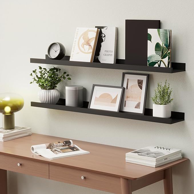 35.4 Inches Long Floating Shelves Wall Mounted, 2 Set Modern Black Wall Shelf for Bedroom, Nursery Book Shelf with Lip, Picture Ledge Shelf for Wall Decor Living Room Bathroom Kitchen- Black-CubbioJoy