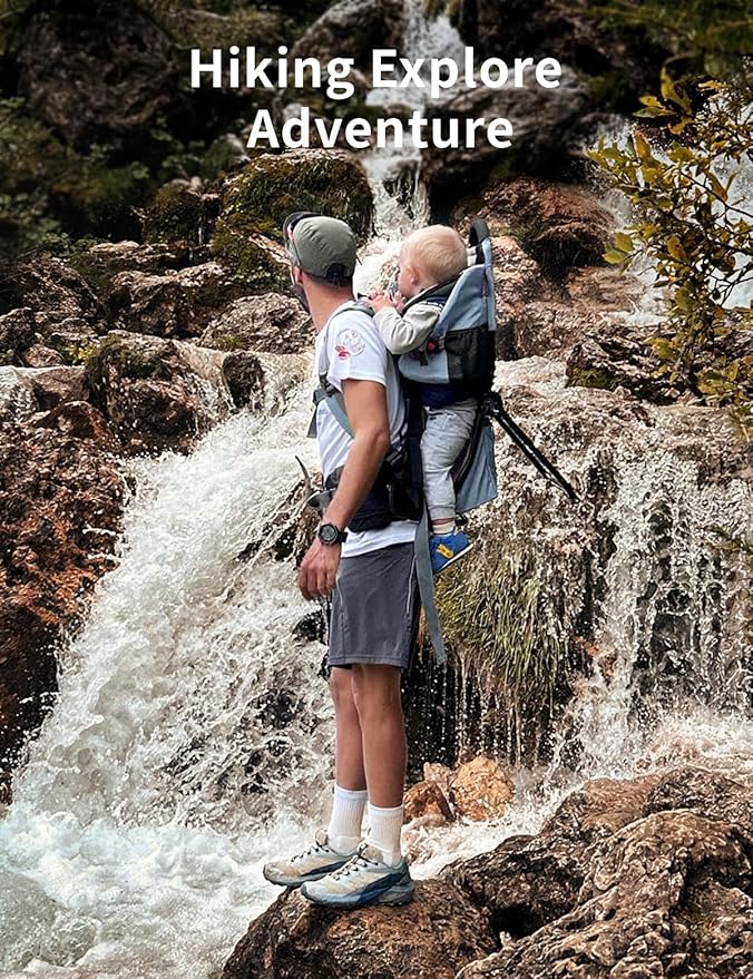 besrey Baby Backpack Carrier, Toddler Hiking Backpack with Safety 3-Height Seat, Adjustable Straps&Waist Belt, Foldable Frame Lightweight Large Capacity Child Carrier for Hiking (Haze Blue)-CubbioJoy