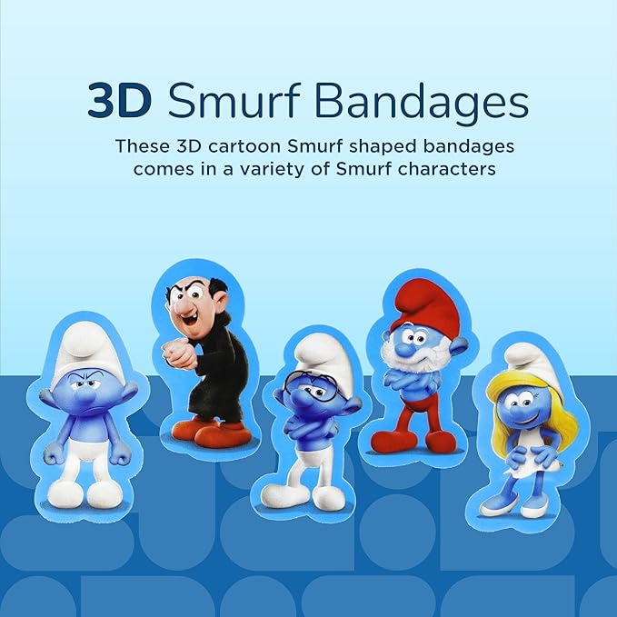 BioSwiss Bandages, The Smurfs in 3D Shaped Self Adhesive Bandage, Latex Free Sterile Wound Care, Fun First Aid Kit Supplies for Kids and Adults, 50 Count Plastic Case-CubbioJoy