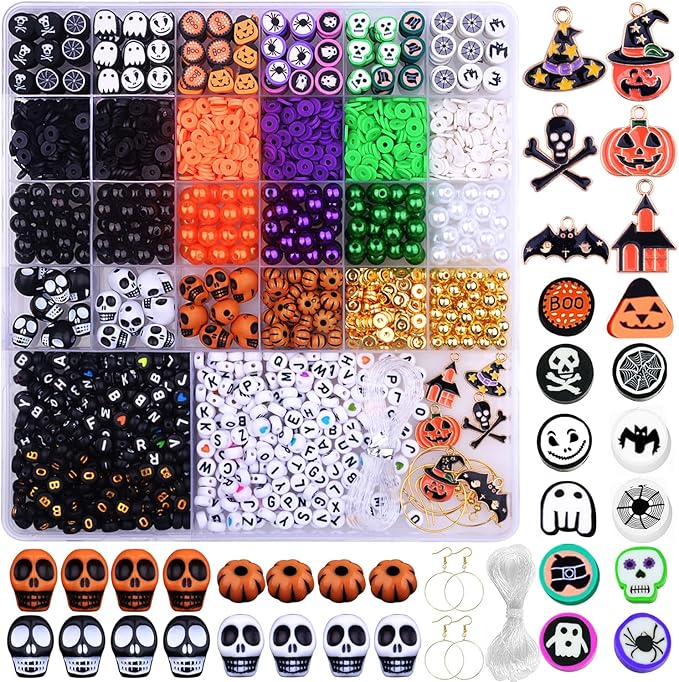 2088pcs Halloween Polymer Clay Beads Bracelet Making kit, 24 Style Cute Fun Beads Skull Pumpkin Beads Charms for Jewelry Necklace Earring Making DIY Accessories for Women Girls-CubbioJoy