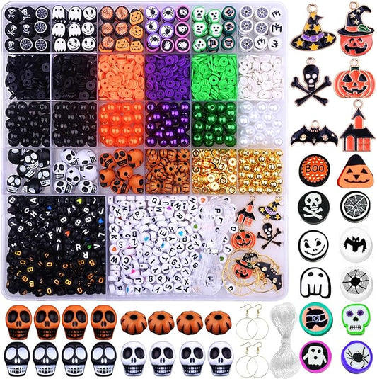 2088pcs Halloween Polymer Clay Beads Bracelet Making kit, 24 Style Cute Fun Beads Skull Pumpkin Beads Charms for Jewelry Necklace Earring Making DIY Accessories for Women Girls-CubbioJoy