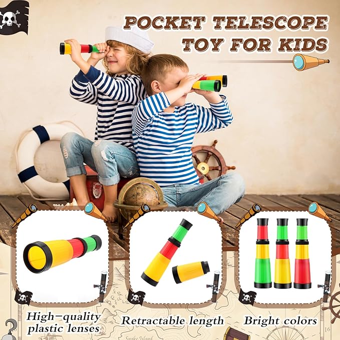 24 Pcs Plastic Pirate Telescope for Pirate Party Favors Portable Pocket Educational Science Spyglass Mini Monocular for Pirate Birthday Party Supplies Halloween Treasure Hunt-CubbioJoy