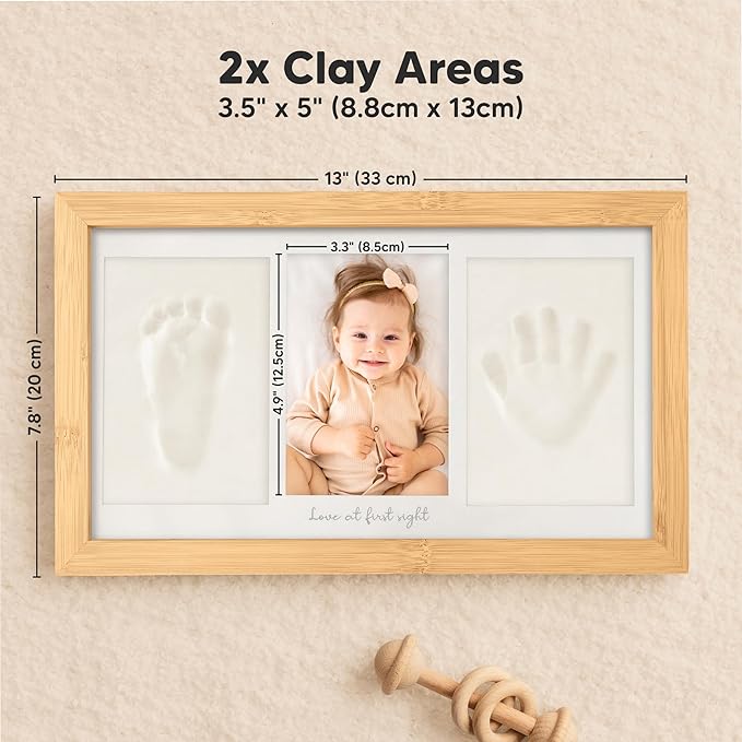 Baby Hand and Footprint Kit - Clay Handprint Keepsake Frame, Newborn Nursery Picture Frame, Personalized New Mom Gifts for Baby Shower & Registry (Bamboo)-CubbioJoy