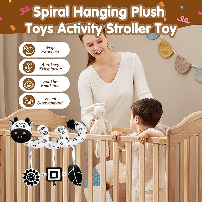 Car Seat Toys for Babies 0-6 Months,Hanging Rattle Toys for Crib Mobile, Baby Spiral Hanging Stroller Black and White High Contrast Toys for Newborn 0 3 6 9 12 Months Baby Boys Girls (Cow)-CubbioJoy