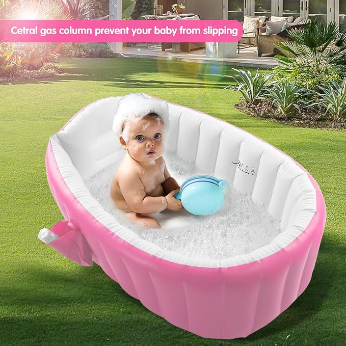 Inflatable Baby Bathtub, Portable Infant Toddler Bathing Tub Non Slip Travel Bathtub Mini Air Swimming Pool Kids Thick Foldable Shower Basin with Air Pump, Pink-CubbioJoy