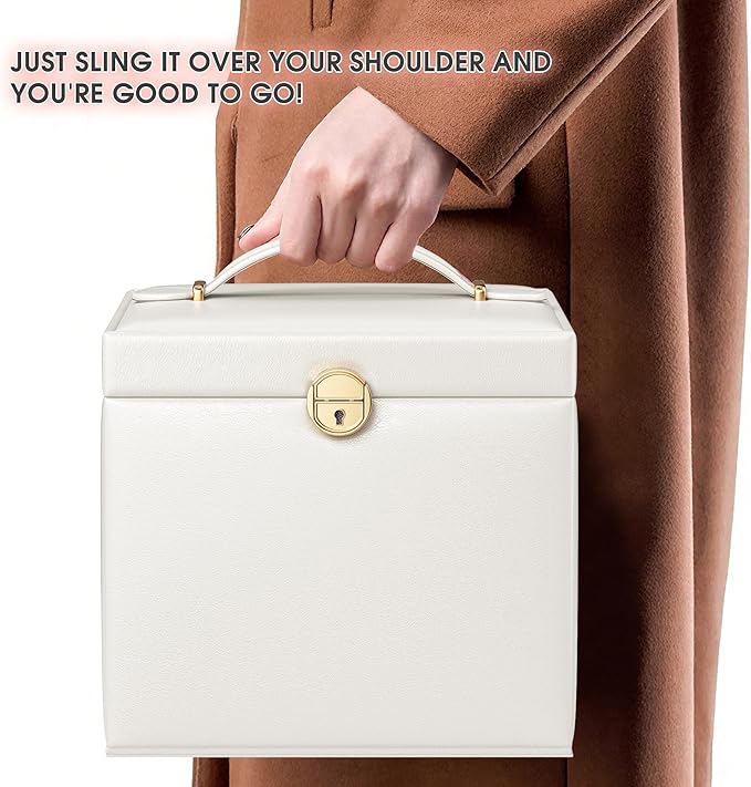 5-Layer Jewelry Box with 4 Drawers, Huge Portable Jewelry Organizer with Lock and Mirror for Women, for Necklace Ring Earring Bracelet Storage, Lockable Jewelry Case, White-CubbioJoy