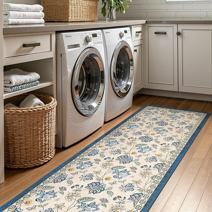 jinchan 3x10 Floral Runner Rug for Hallway Washable Kitchen Runner Vintage Romance Design Non Slip Thin Indoor Floor Cover Low-Profile Throw Carpet for Entryway Bathroom Bedroom Porch, Blue/Beige-CubbioJoy