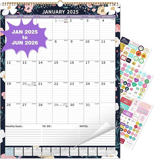 2025 Calendar, Wall Calendar 2025-2026 (17"x22") with Lines, Monthly Calendar from Jan 2025 to Jun 2026, Vertical Large Monthly Family Calendar 2025 for Wall, Calendario 2025-CubbioJoy