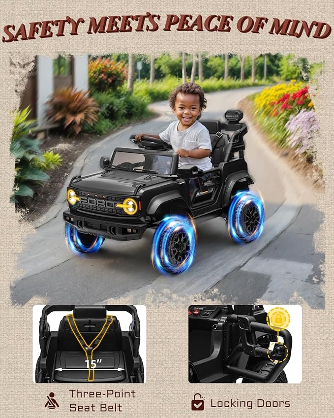 12V Ride on Toys for Kids, Licensed Ford Bronco Raptor Children Electric Vehicles, Toddler Battery Powered Car with Double Doors, 3 Point Safety Belt, Led Lights (12V, Black)-CubbioJoy