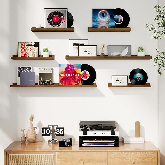 Axeman Picture Ledge Shelf, Floating Shelves for Wall Decor Storage Set of 6, 48 inch Floating Wall Mounted Shelves, Wall Shelves with Lip for Living Room, Bedroom, Nursery, Bathroom, Kitchen, Walnut-CubbioJoy