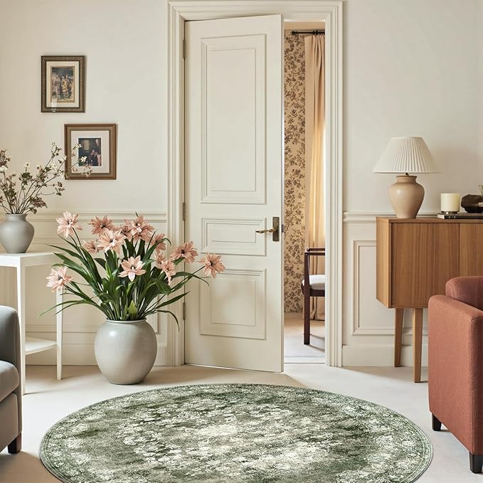 jinchan Round Rug 6ft Area Rug - Green Vintage Floor Mat Kitchen Indoor - Washable Circle 6' Thin Floral Print Carpet Retro Farmhouse Non Slip Dining Room Living Room Bedroom Office-CubbioJoy