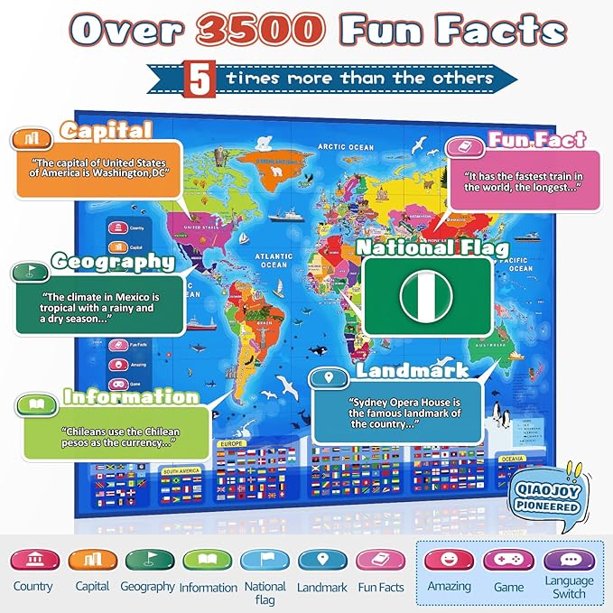 Bilingual Interactive Kids Talking World Map & Dinosaur Poster for Kids Learning and Educational Toys, Talking Educational Toys for 3 to 12 Years Old Girls/Boys, Preschool Learning Chart-CubbioJoy