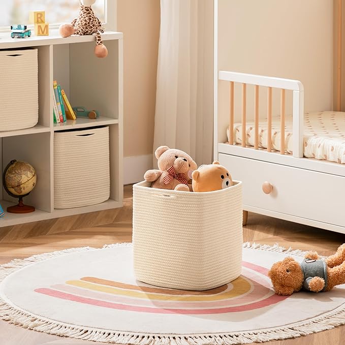 joybest Cube Storage Bins Set of 4, 13inch Cube Baskets Organizer for Nursery, Square Cotton Rope Baskets for Shelves Organizing, Kids Toy, Closet Storage, Beige-CubbioJoy