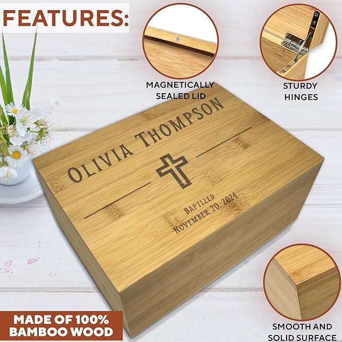 Baptism Memory Box Bamboo Wood - Personalized Baptism Gifts for Boys, First Communion Storage Box for Girls, Personalized Christening Gifts for Boys, Engraved Confirmation Keepsake Boxes, 11x8x4,75 in-CubbioJoy