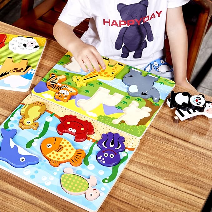 Chunky Puzzles for Toddlers 1-3, Farm, Sea, Zoo Animals Wooden Puzzles, Preschool Early Learning Toy Gift for Kids Ages 1 2 3 Year Old-CubbioJoy