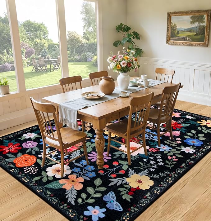 Area Rugs 9x12 Living Room: Floral Washable Rug Vintage Large Soft Boho Non-Slip Carpet Indoor Floor Stain Resistant Low Pile Carpets for Bedroom Dining Room Farmhouse Nursery Home Office Black-CubbioJoy