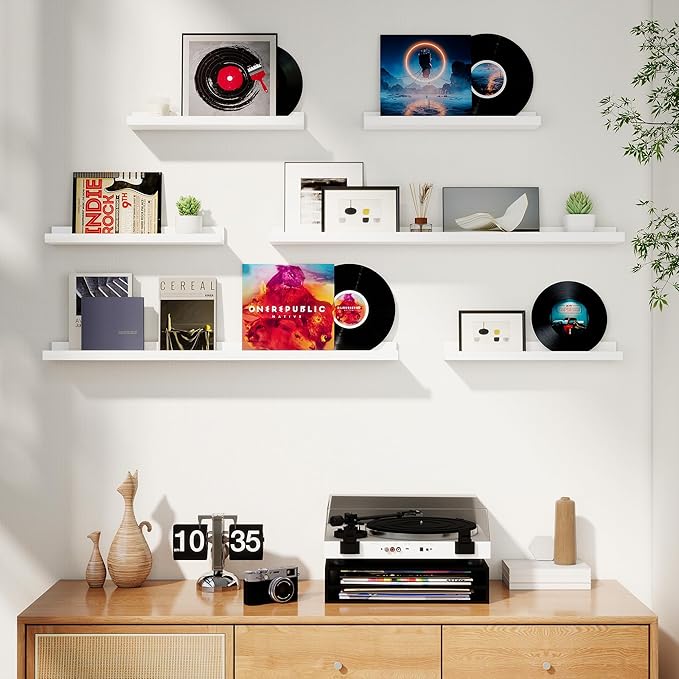 Axeman Picture Ledge Shelf, Floating Shelves for Wall Decor Storage Set of 6, 55 inch Floating Wall Mounted Shelves, Wall Shelves with Lip for Living Room, Bedroom, Nursery, Bathroom, Kitchen, White-CubbioJoy