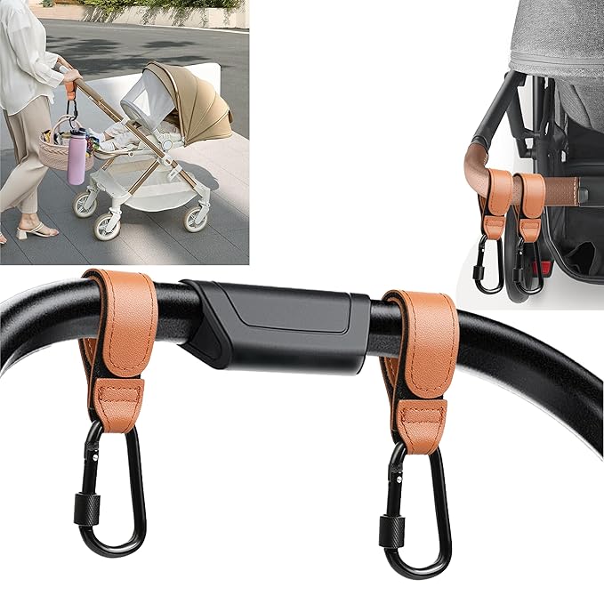 3 Pcs Baby Stroller Hook, Carry 20 lbs per Stroller Carabiner Clip, Adjustable Baby Stroller & Car Seat Hook for Hanging Diaper Bag, Wheelchair, Shopping and Pet Cart(Leather)-CubbioJoy