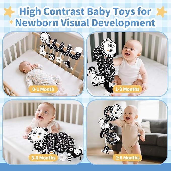 Car Seat Toys for Babies 0-6 Months,Hanging Rattle Toys for Crib Mobile, Baby Spiral Hanging Stroller Black and White High Contrast Toys for Newborn 0 3 6 9 12 Months Baby Boys Girls (Lion)-CubbioJoy