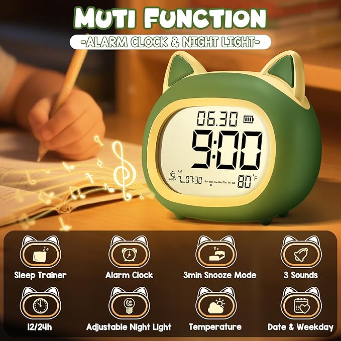 Kids Alarm Clock with Night Light for Kids, Small Digital Alarm Clocks for Bedrooms, Routine Builder, Cute Cat Alarm Clock with Sleep Training, Snooze, 12/24H, Date & Day, Temperature, USB Port-CubbioJoy