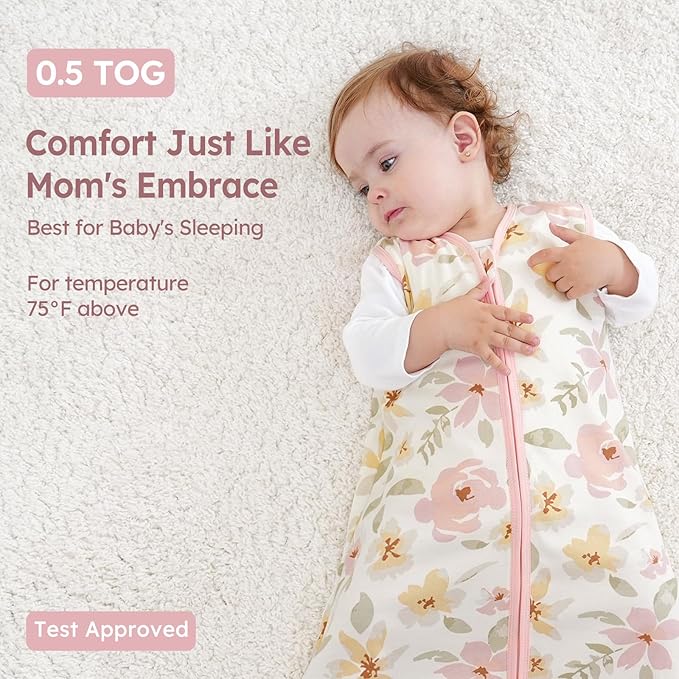 Baby Sleep Sack 0-6 Months 3 Pack 100% Cotton Lightweight 0.5 TOG Wearable Blanket Baby Sleep Bag with 2-Way Zipper for Newborn Infant Pink Flowers & Leaf-CubbioJoy