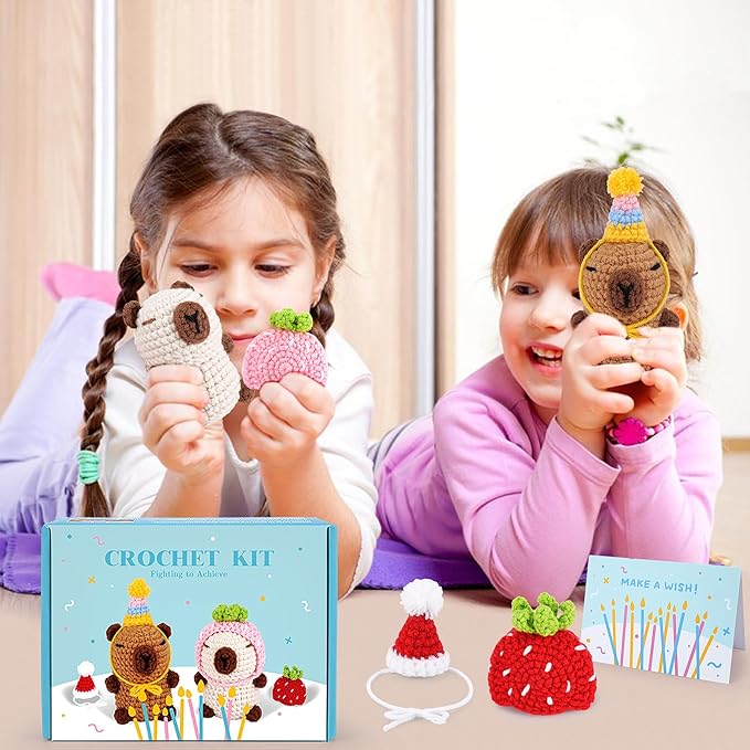 Crochet Kit for Beginners-2PCS Animals Brown and Beige Capybara Crochet Kit with Step-by-Step Video Tutorials, Stuffed Animal Knitting Kit for Adult Kids, Capybara Party Crocheting Kit for Birthday-CubbioJoy