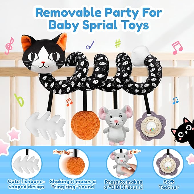 Car Seat Toys for Babies 0-6 Months,Hanging Rattle Toys for Crib Mobile, Baby Spiral Hanging Stroller Black and White High Contrast Toys for Newborn 0 3 6 9 12 Months Baby Boys Girls (Cat)-CubbioJoy