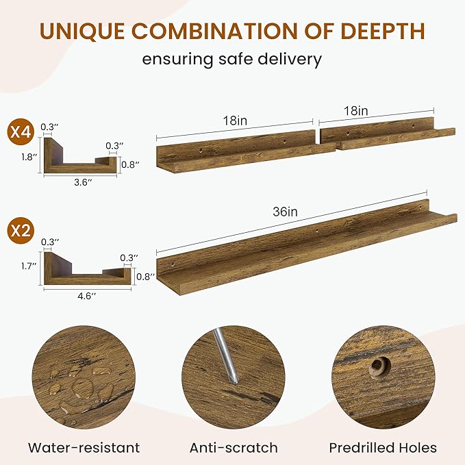 Axeman Picture Ledge Shelf, Floating Shelves for Wall Storage Set of 6, 36 inch Floating Wall Mounted Shelves, Wall Shelves with Lip for Living Room, Bedroom, Nursery, Bathroom, Kitchen, Rustic Brown-CubbioJoy