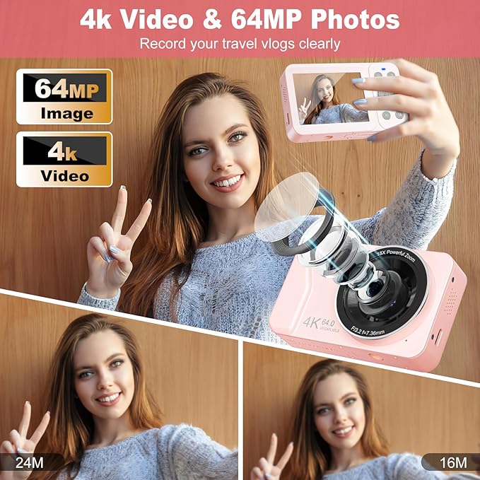Digital Camera, 4K 64MP, 18X Zoom, Point and Shoot Digital Camera with 64GB TF Card & 2 Batteries, Portable Rechargeable Small Camera for Kids Teens Adult, Pink-CubbioJoy
