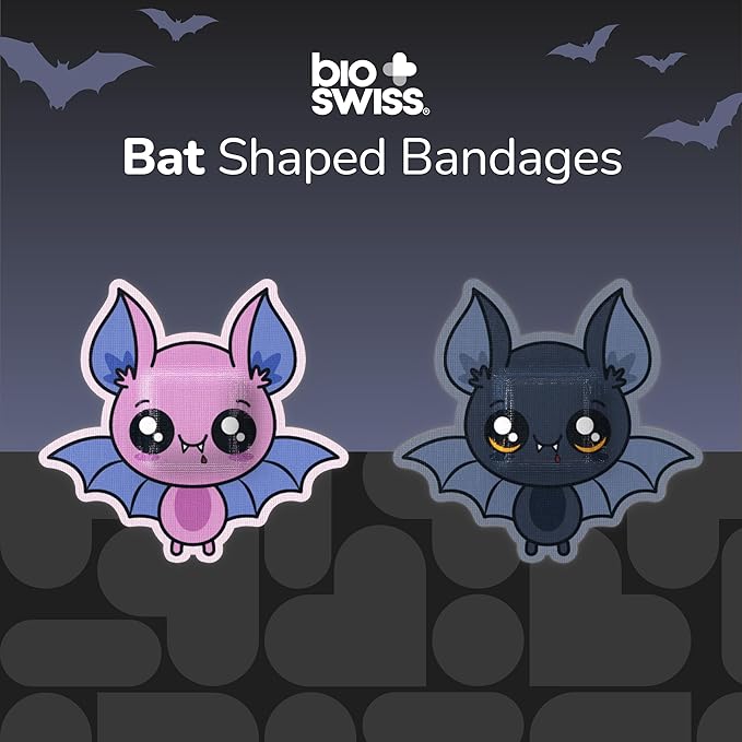 BioSwiss Bandages, Halloween Bat Shaped Self Adhesive Bandage, Latex Free Sterile Wound Care, Fun First Aid Kit Supplies for Kids, 24 Count-CubbioJoy