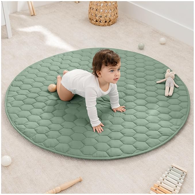 Comfy Cubs Round Kids Play Mat - Medium 48 inches Soft Quilted Baby Floor Mat with Non-Slip Bottom - Plush Design for Toddlers' Playtime and Relaxation - Comfortable and Durable - Fern-CubbioJoy