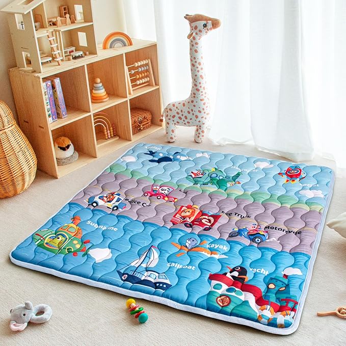 Baby Play Mat, 50x50 Playpen Mat with Super Soft Touch, Activity Mat with Upgraded Anti-Slip Bottom, Machine Washable Crawling Mat for Floor & Picnic (Vehicles)-CubbioJoy