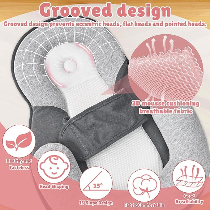 Baby Wedge Pillow for Infant with Safety Strap, Reflux Baby Pillow, Relief & Spit-Up Prevention, Removable Cover for Breastfeeding, Bottle Feeding-CubbioJoy