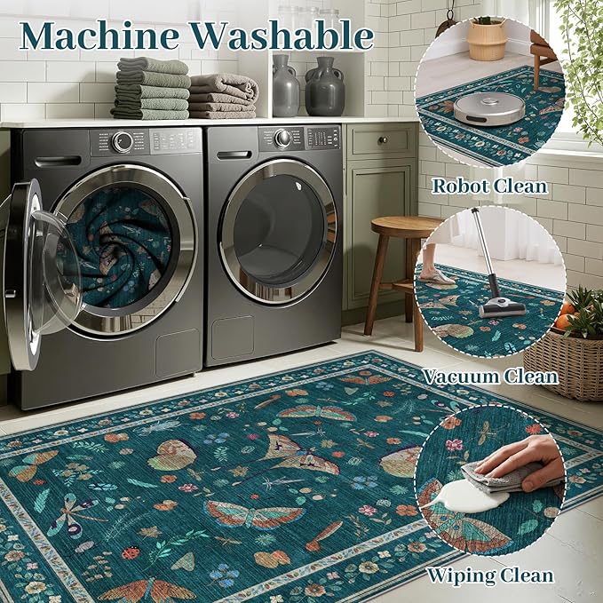 3x5 Washabl Rug with Insect Print - Bug Rug Non-Shedding Stain Resistant Soft Small Carpet for Bedroom, Low Pile Ultra-Thin Machine Washable Carpet for Nursery,Entrance, Office (3'x5' Teal)-CubbioJoy