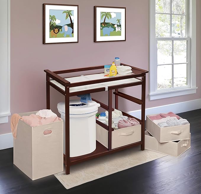 Badger Basket Modern Baby Changing Table with Laundry Hamper, 3 Storage Drawers and Pad, Diaper Change Station - Cherry/Ecru-CubbioJoy
