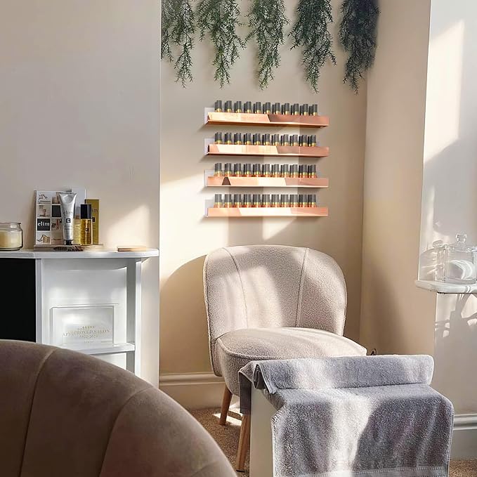 4 Pack 15 Inch Rose Gold Reflective Acrylic Shelves, Rose Gold Floating Shelves, Modern Sunglasses Essential Oil Picture Ledge Display Toy Storage Shelf-CubbioJoy