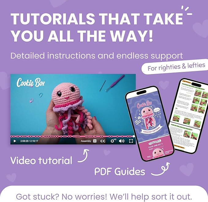 Cookie Box Crochet Kit for Beginners - Learn to Craft Amigurumi Stuffed Animals - Knitting Gift for Kids and Adults - Beginner-Friendly Yarn - Stitch-by-Stitch Video Tutorial - Jellyfish Jenny-CubbioJoy